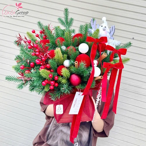 Chậu thông để bàn tone đỏ nhung sang trọng full phụ kiện trang trí giáng sinh mẫu mới