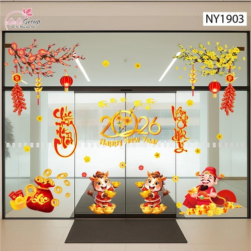 Combo Decal Trang Trí Tết Bính Ngọ Thần Tài Gõ Cửa Rước Lộc Vào Nhà