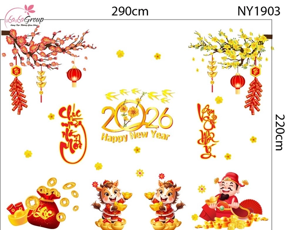 Combo Decal Trang Trí Tết Bính Ngọ Thần Tài Gõ Cửa Rước Lộc Vào Nhà