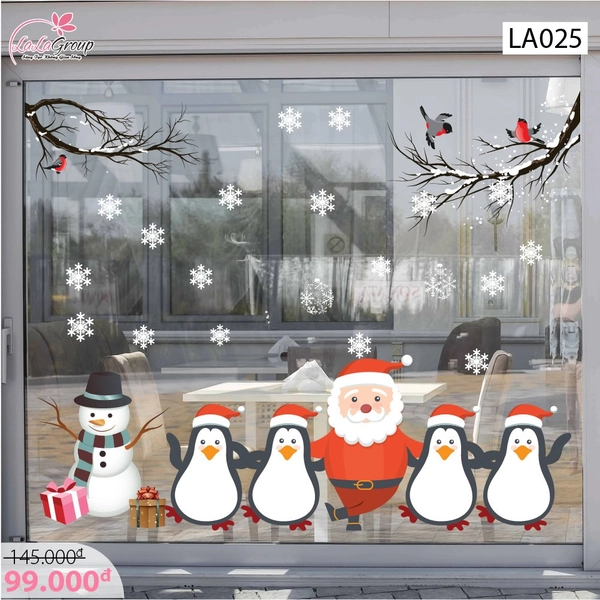 Decal dán tường Ông già Noel và chim cánh cụt  (nền trắng đục)