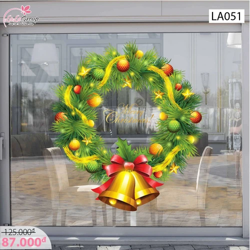 Decal dán tường Vòng nguyệt quế quả chuông Noel size lớn 60x60 (nền trắng đục)