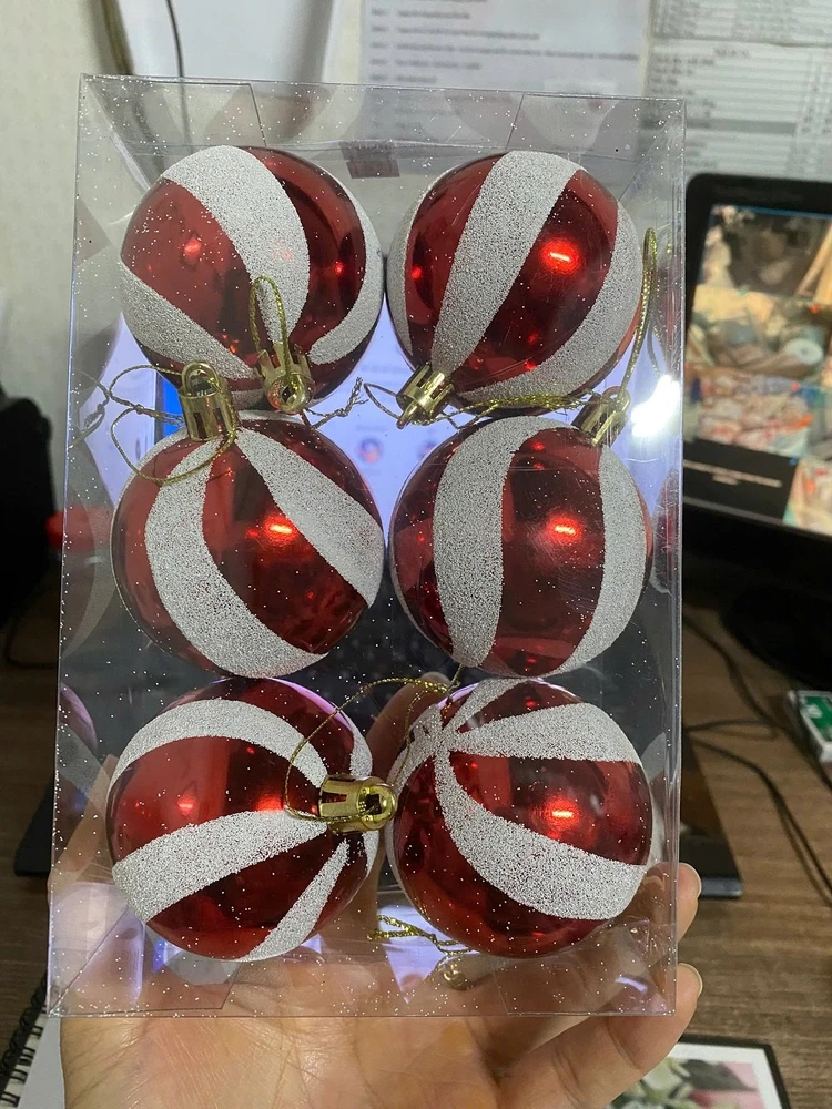 Đồ trang trí noel hộp quả châu đỏ bóng họa tiết size 8cm