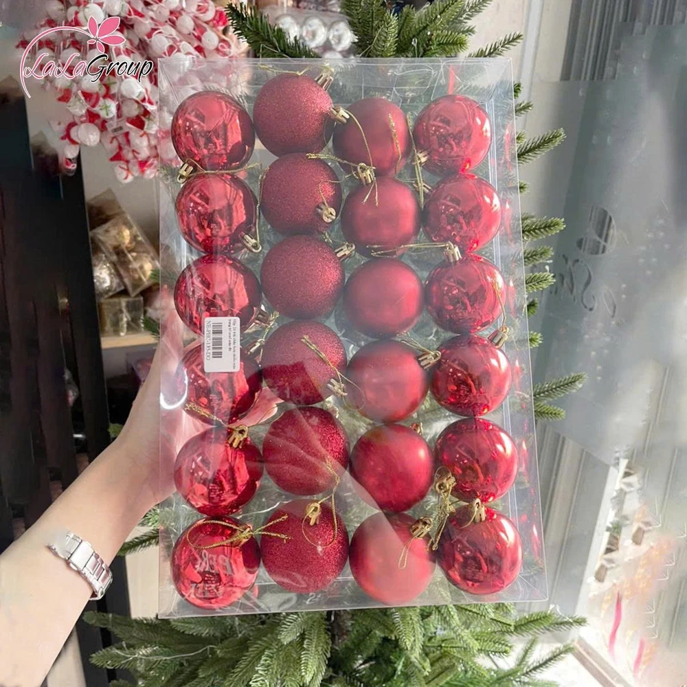 Hộp 24 trái châu 6cm nhiều màu trang trí noel