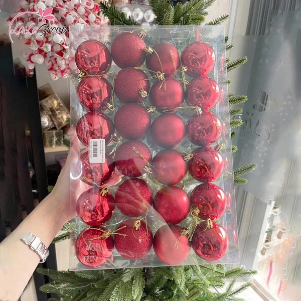 Hộp 24 trái châu 6cm nhiều màu trang trí noel