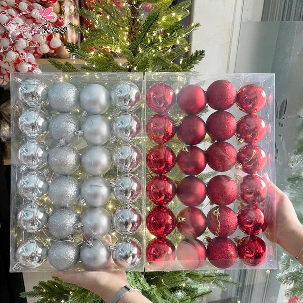 Hộp 24 trái châu 6cm nhiều màu trang trí noel