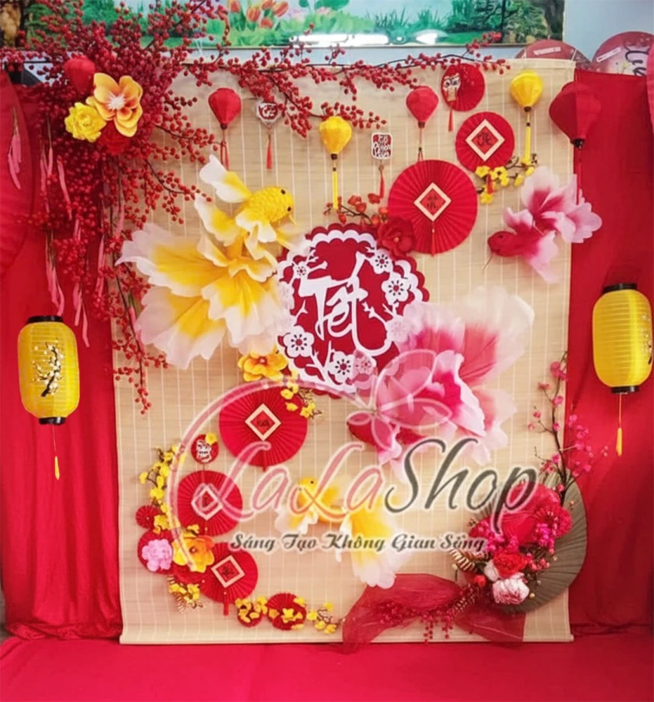 Tiểu cảnh mành tre trang trí tết song ngư tài lộc