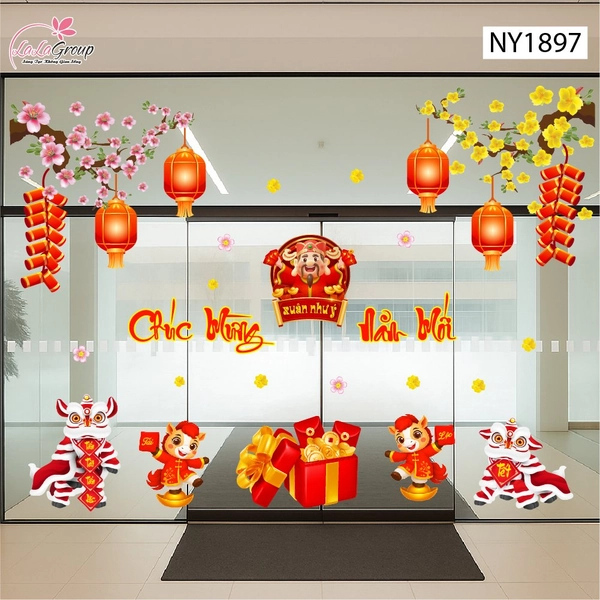 Combo Decal Trang Trí Tết Bính Ngọ thần tài gõ cửa đón xuân như ý