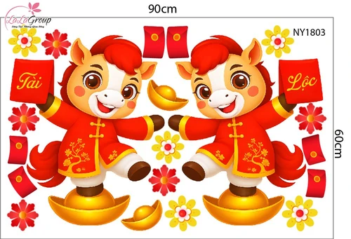 Combo Decal Trang Trí Tết Bính Ngọ thần tài gõ cửa đón xuân như ý