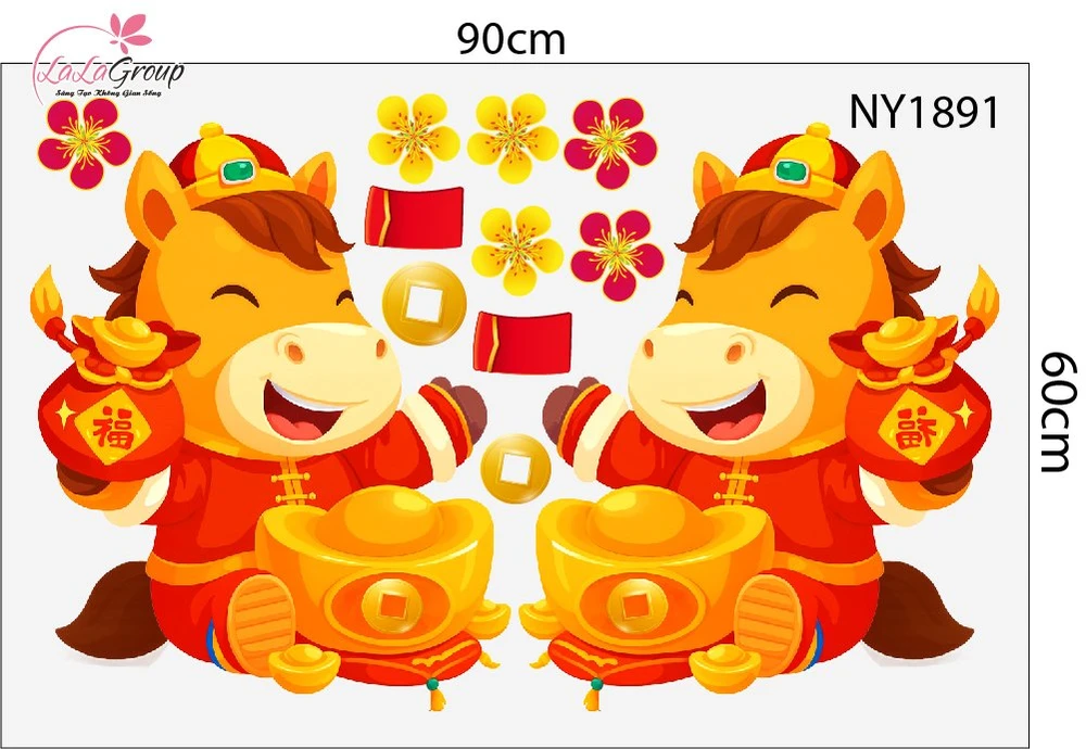 Combo Decal Trang Trí Tết Xuân Bính Ngọ Đồng Tiền Vàng May Mắn 2026