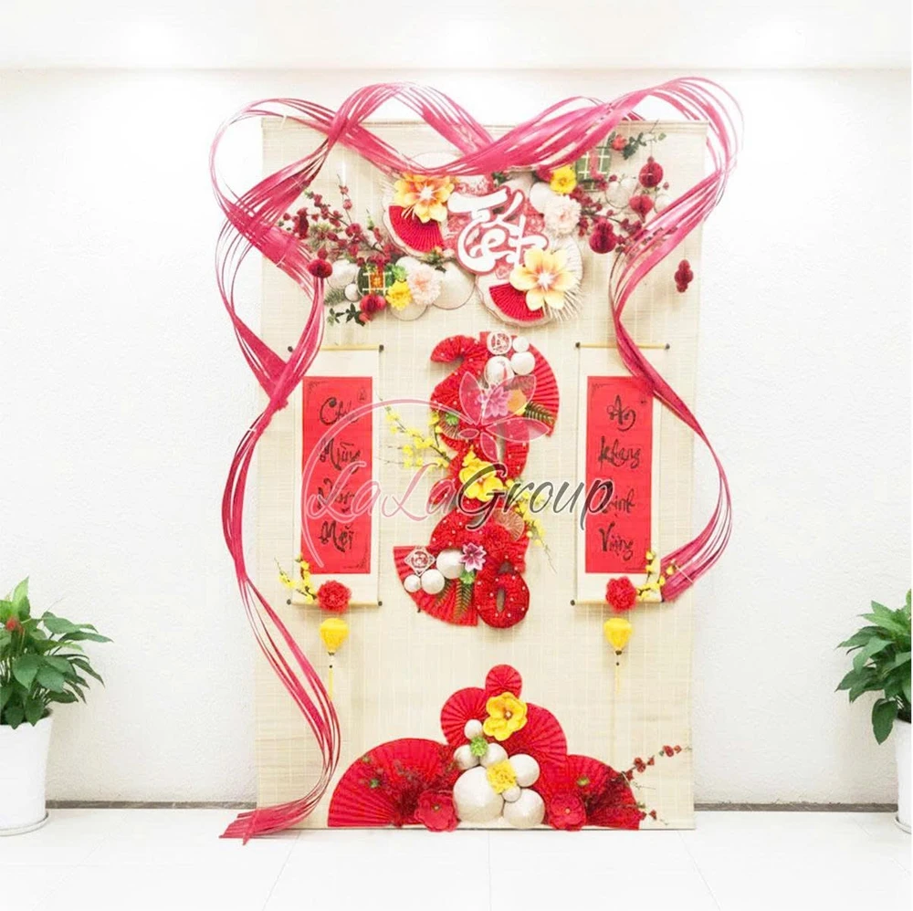 Tiểu cảnh mành tre trang trí tết Chúc mừng năm mới an khang thịnh vượng 2026