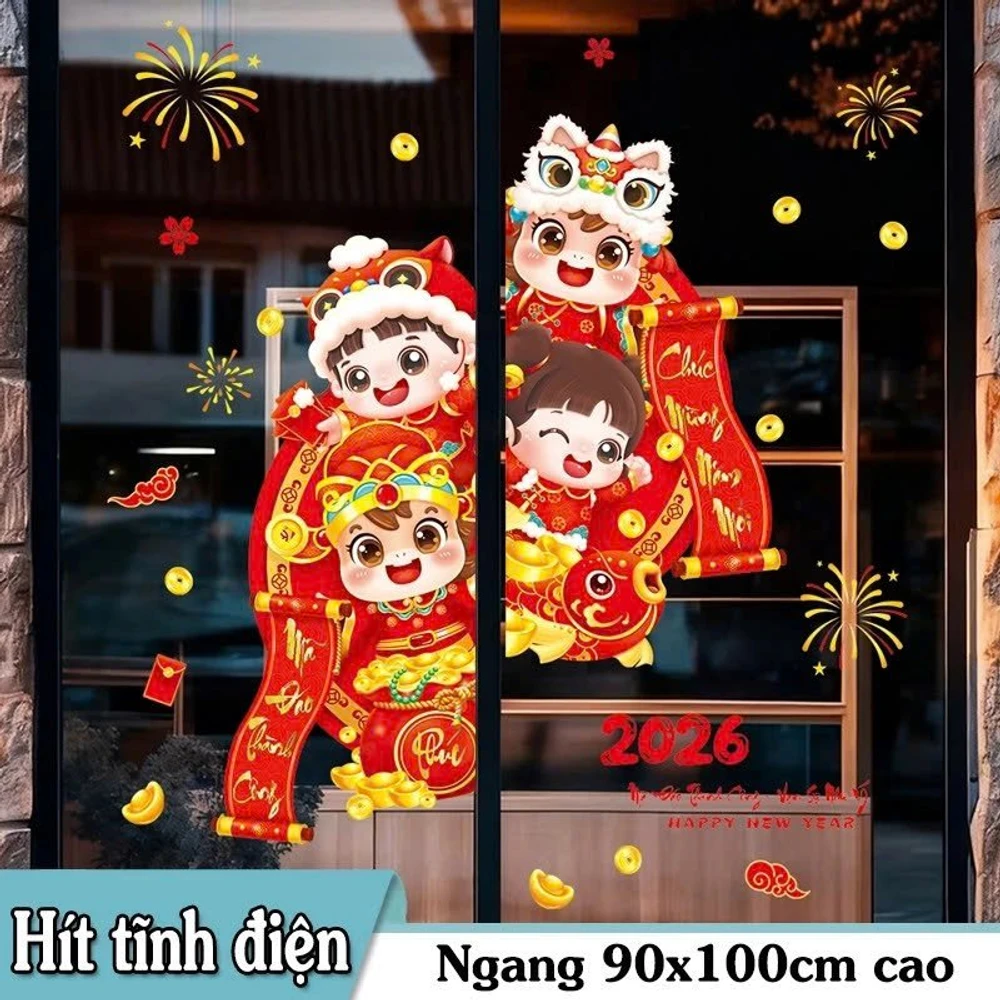 Decal 2 mặt tĩnh điện trang trí tết bé chúc mừng năm mới 2026