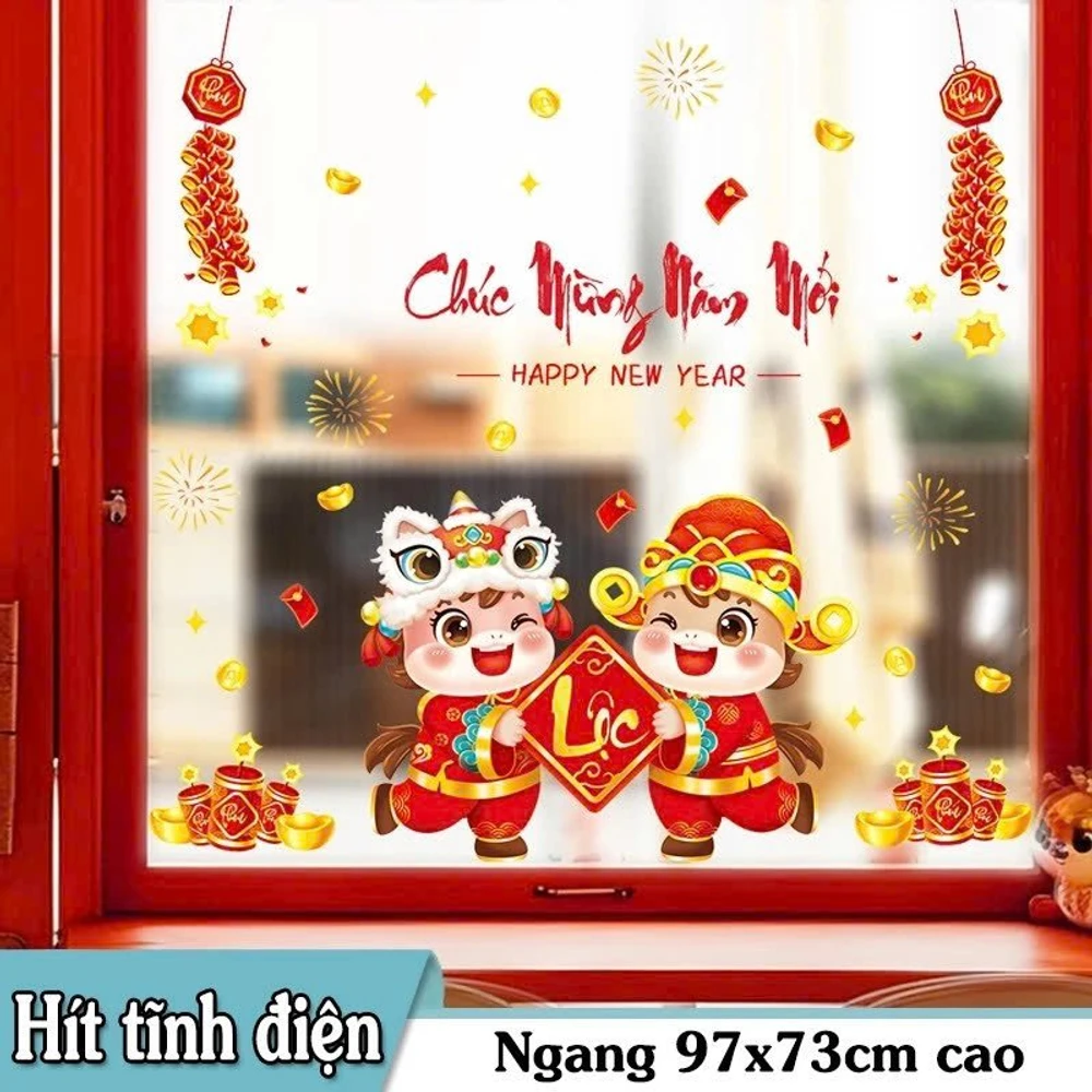 Decal 2 mặt tĩnh điện trang trí tết bé chúc tết phúc lộc