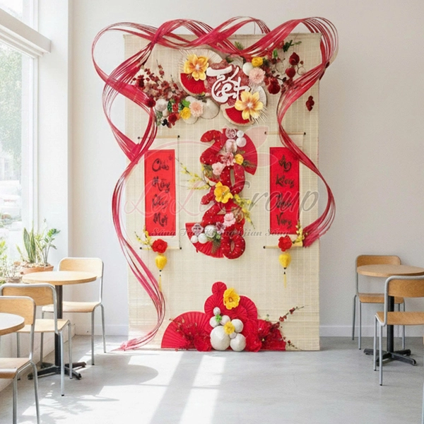 Tiểu cảnh mành tre trang trí tết Chúc mừng năm mới an khang thịnh vượng 2026