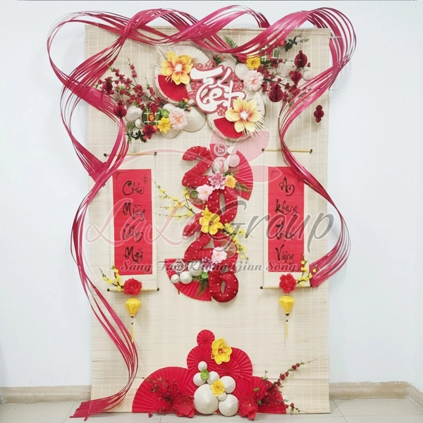 Tiểu cảnh mành tre trang trí tết Chúc mừng năm mới an khang thịnh vượng 2026