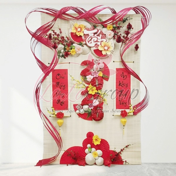 Tiểu cảnh mành tre trang trí tết Chúc mừng năm mới an khang thịnh vượng 2026