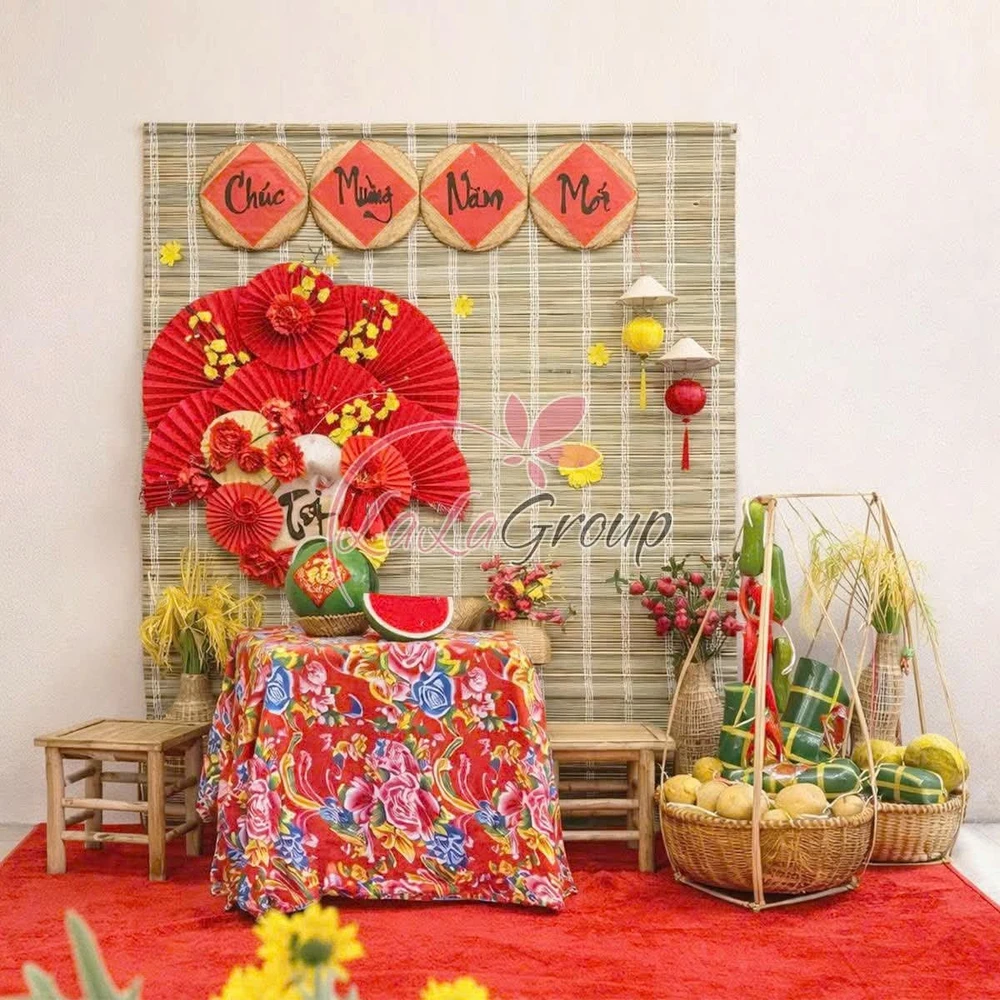 Tiểu Cảnh Mành Tre Kèm Bàn Ghế Trang Trí Tết Nguyên Đán Tài Lộc Mừng Năm Mới