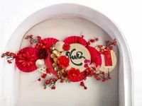 Mẹt quạt tone đỏ chữ Xuân trang trí tết ngang 1m