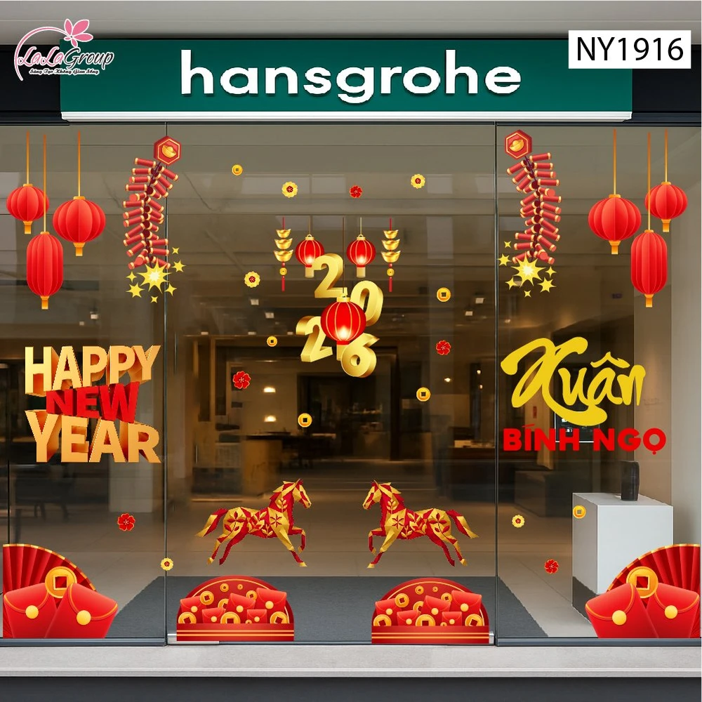 Combo Decal Trang Trí Tết Happy New Year Xuân Bính Ngọ 2026