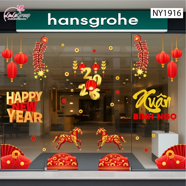 Combo Decal Trang Trí Tết Happy New Year Xuân Bính Ngọ 2026