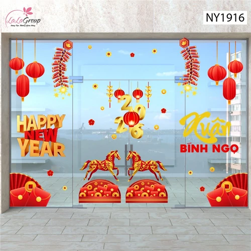 Combo Decal Trang Trí Tết Happy New Year Xuân Bính Ngọ 2026