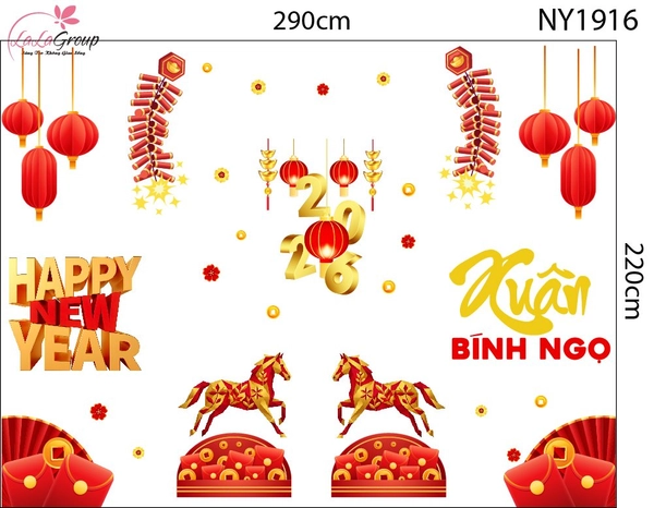 Combo Decal Trang Trí Tết Happy New Year Xuân Bính Ngọ 2026