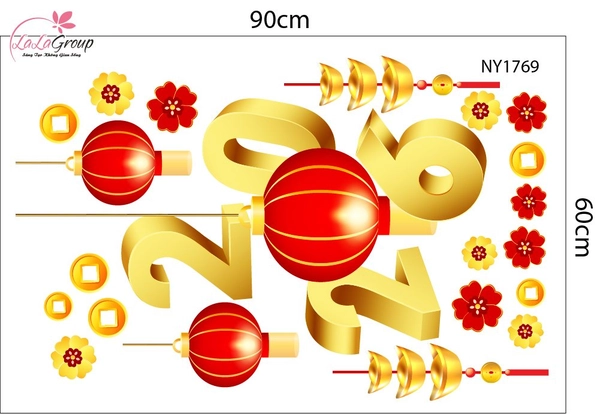 Combo Decal Trang Trí Tết Happy New Year Xuân Bính Ngọ 2026