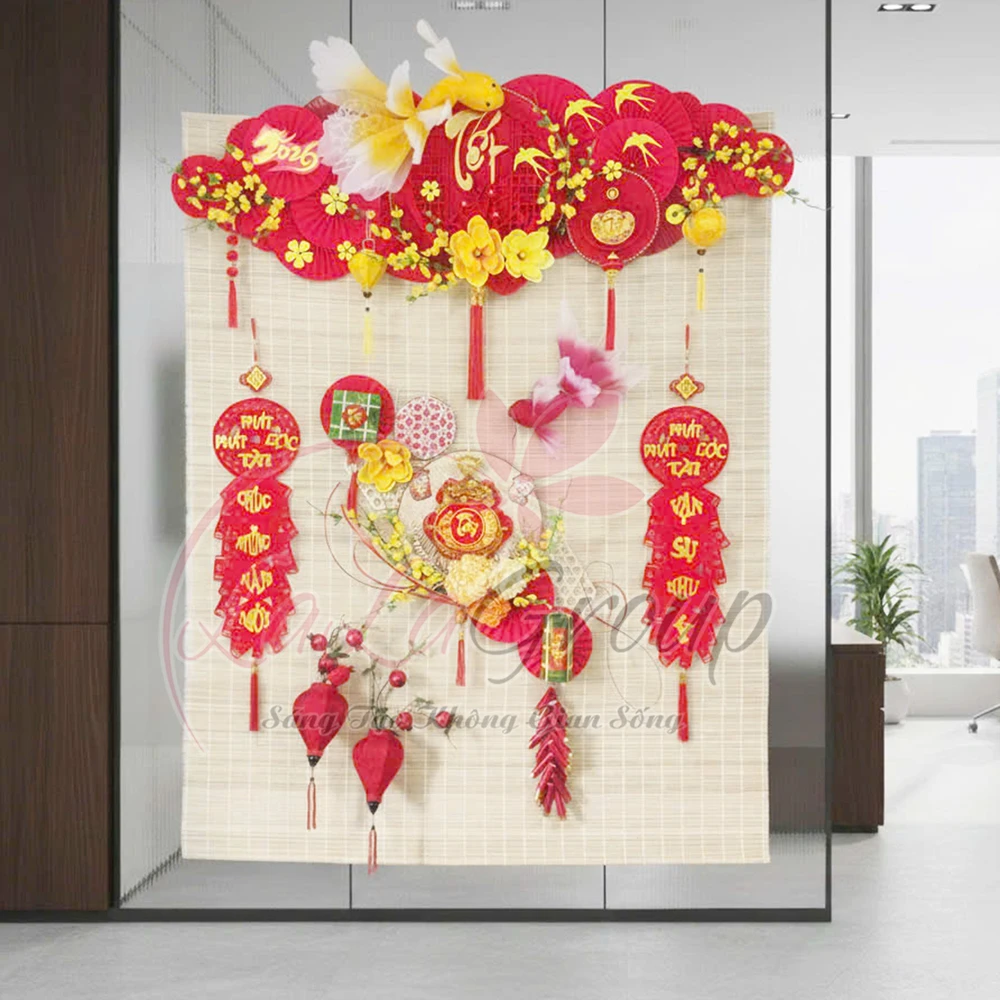 Tiểu cảnh mành tre trang trí tết Phát Tài Phát Lộc 2026