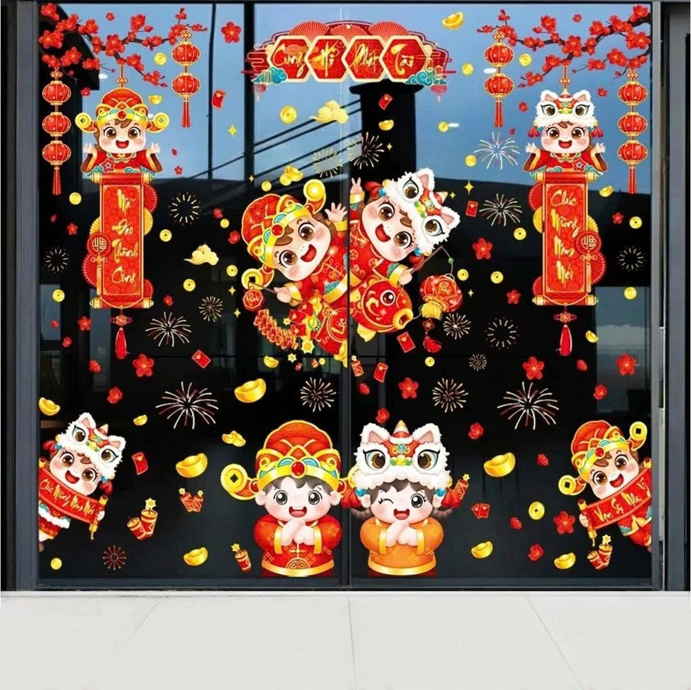 Combo decal tết tĩnh điện 2 mặt bé chúc xuân vạn sự như ý