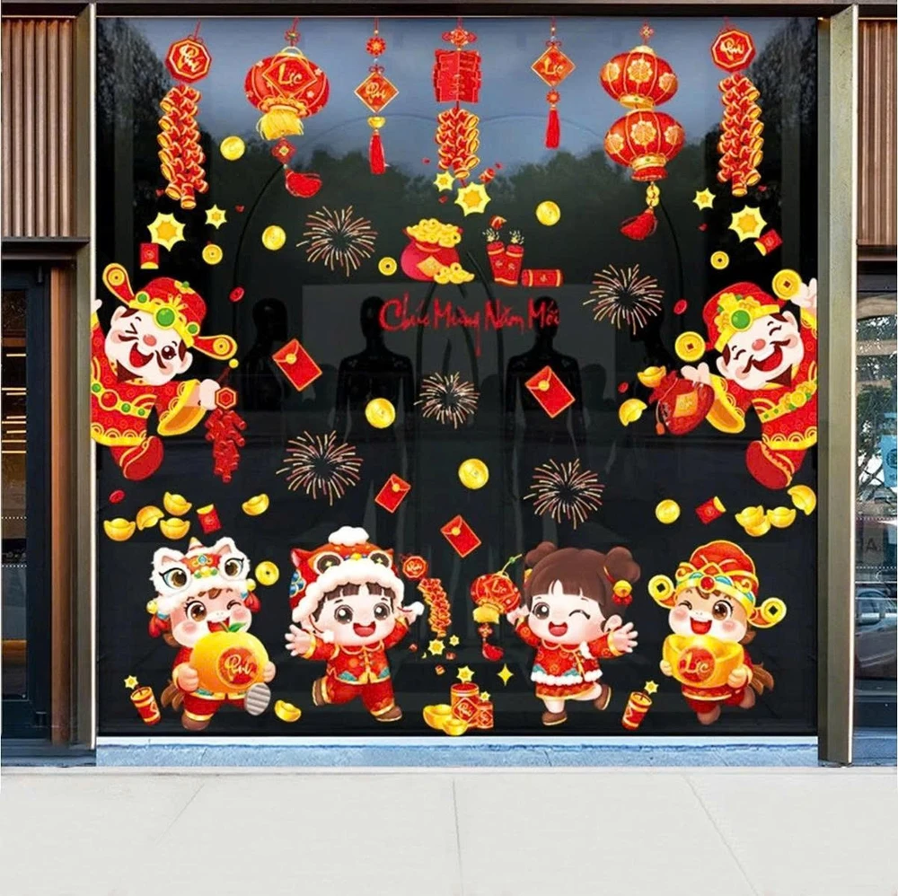 Combo decal tết tĩnh điện 2 mặt thần tài vui đón tết