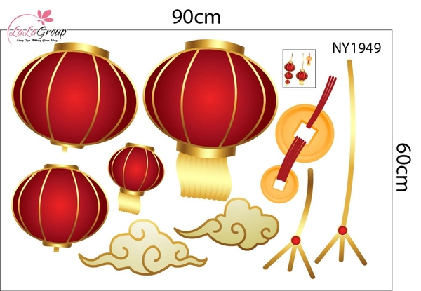Decal Trang Trí Tết Lồng Đèn Đỏ Đón Năm Mới