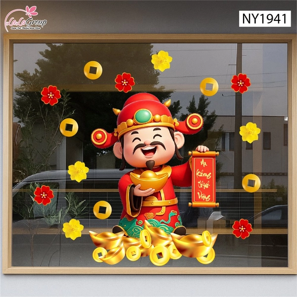 Decal Trang Trí Tết Thần Tài Tặng Vàng An Khang Thịnh Vượng