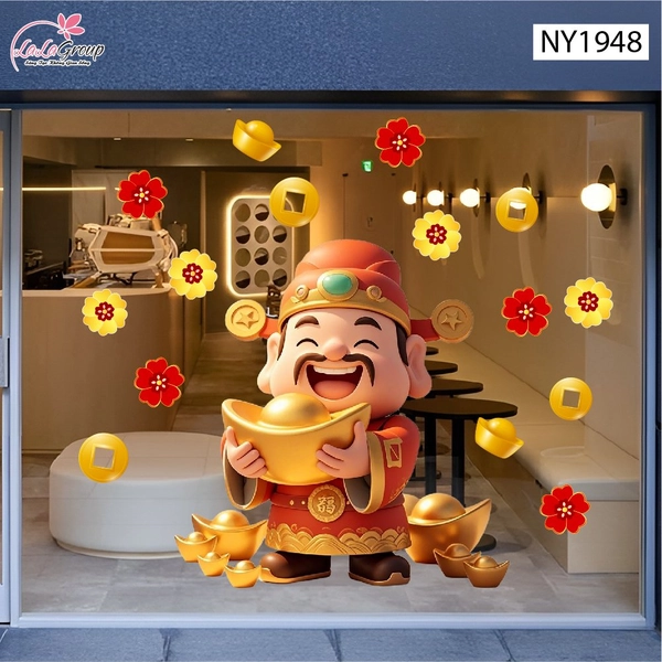 Decal Trang Trí Tết Thần Tài Tặng Vàng Phú Quý