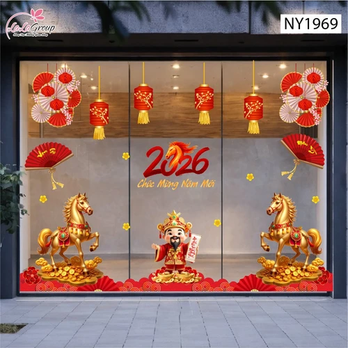 Combo Decal Trang Trí Tết Thần Tài Chúc Mừng Năm Mới Hạnh Phúc