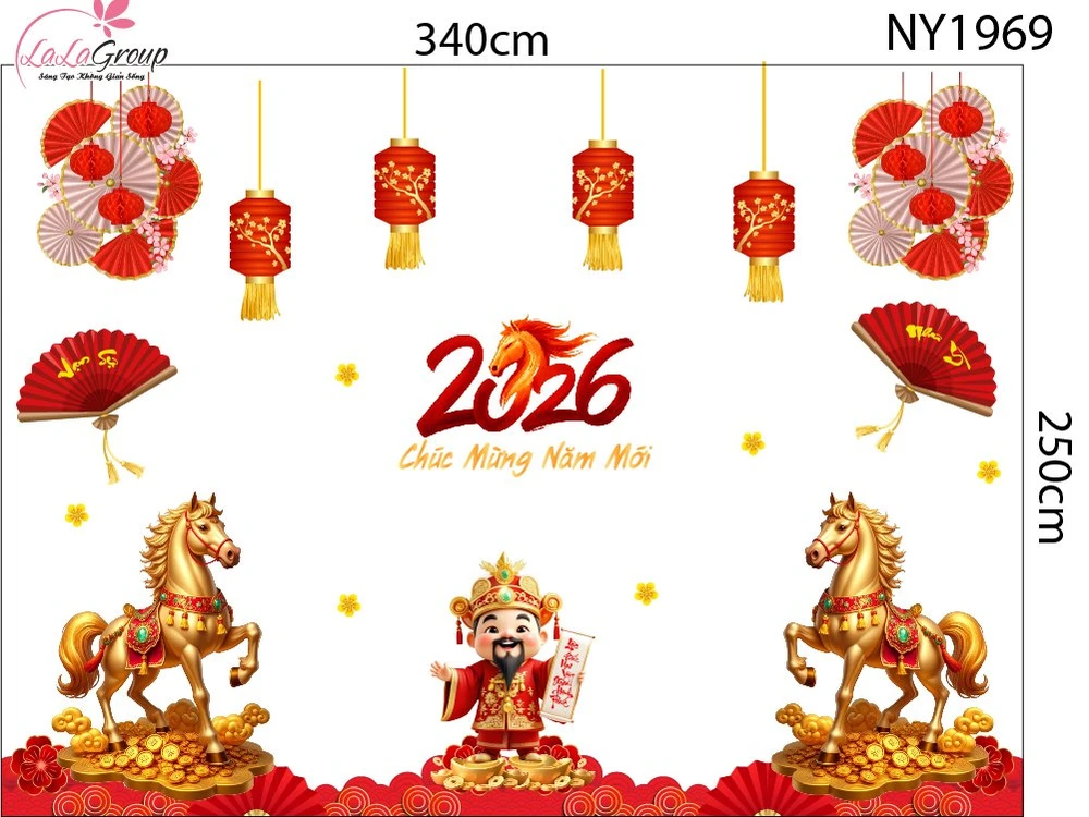 Combo Decal Trang Trí Tết Thần Tài Chúc Mừng Năm Mới Hạnh Phúc