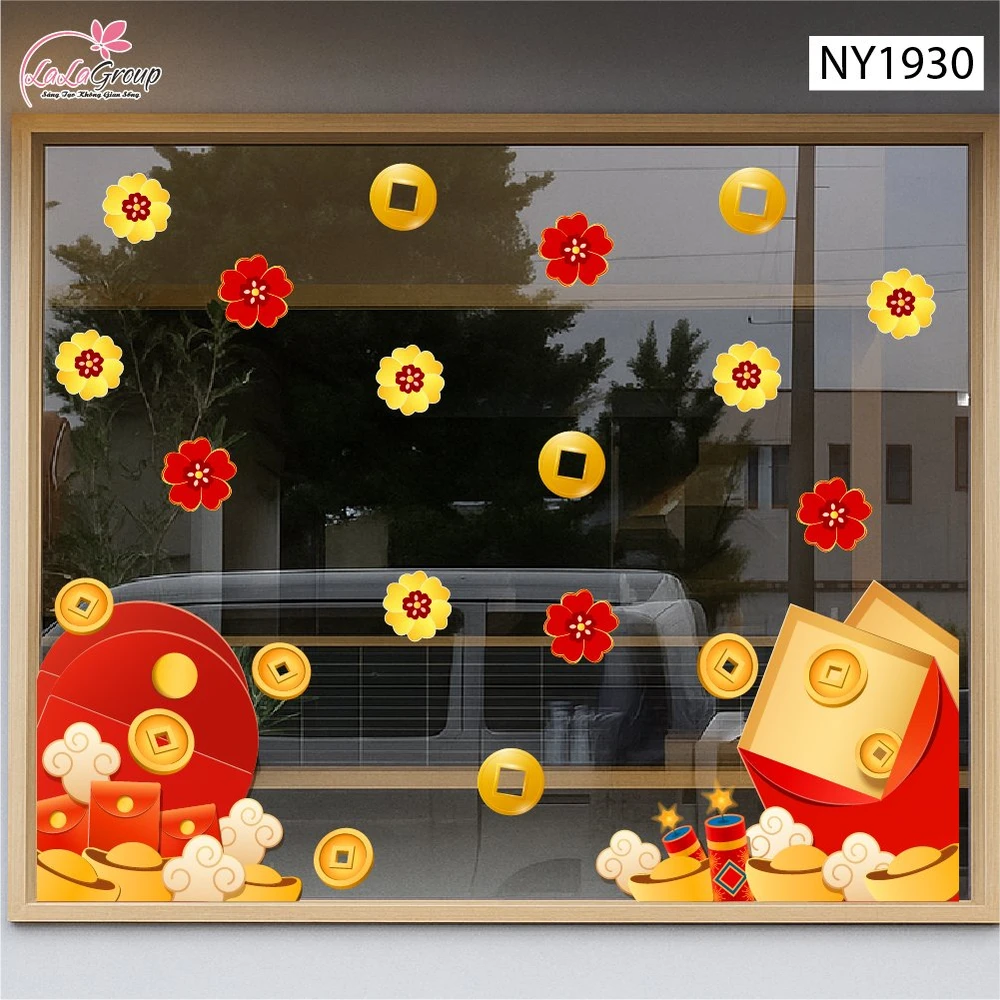 Decal Trang Trí Tết Bao Lì Xì Đỏ Và Mai Vàng