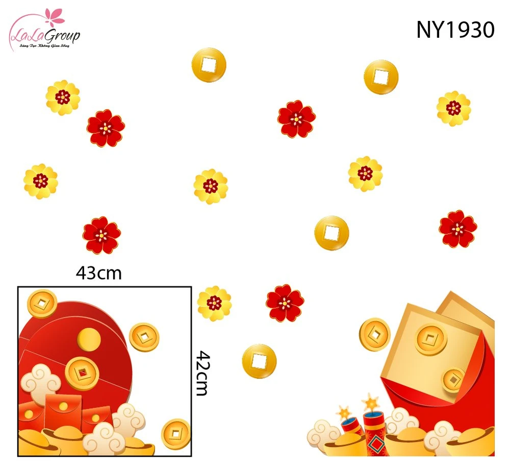 Decal Trang Trí Tết Bao Lì Xì Đỏ Và Mai Vàng