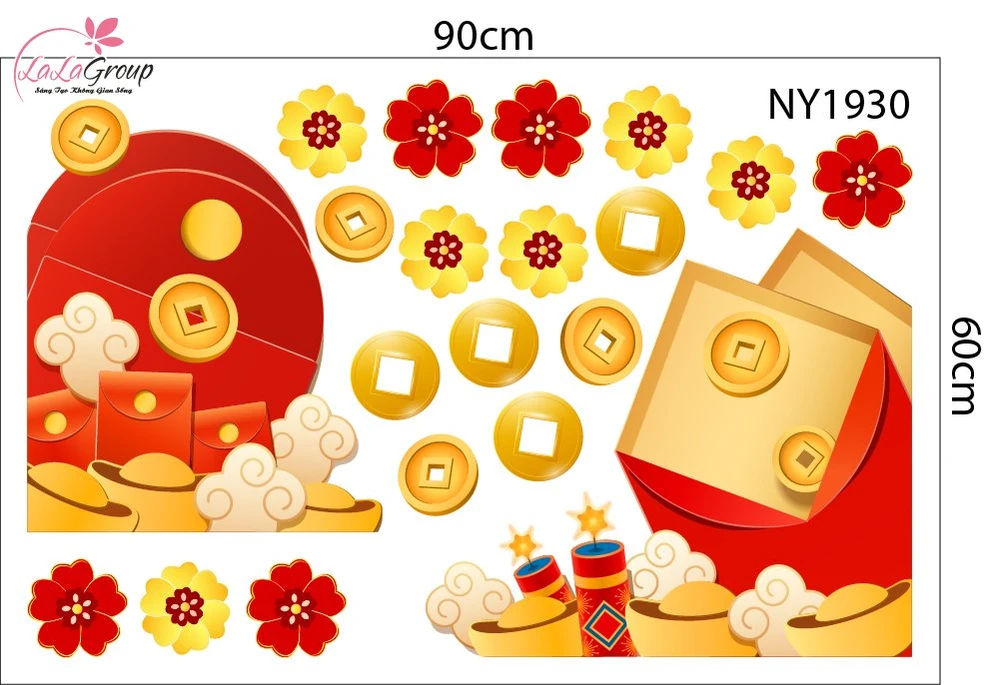 Decal Trang Trí Tết Bao Lì Xì Đỏ Và Mai Vàng