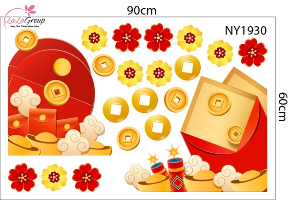 Decal Trang Trí Tết Bao Lì Xì Đỏ Và Mai Vàng