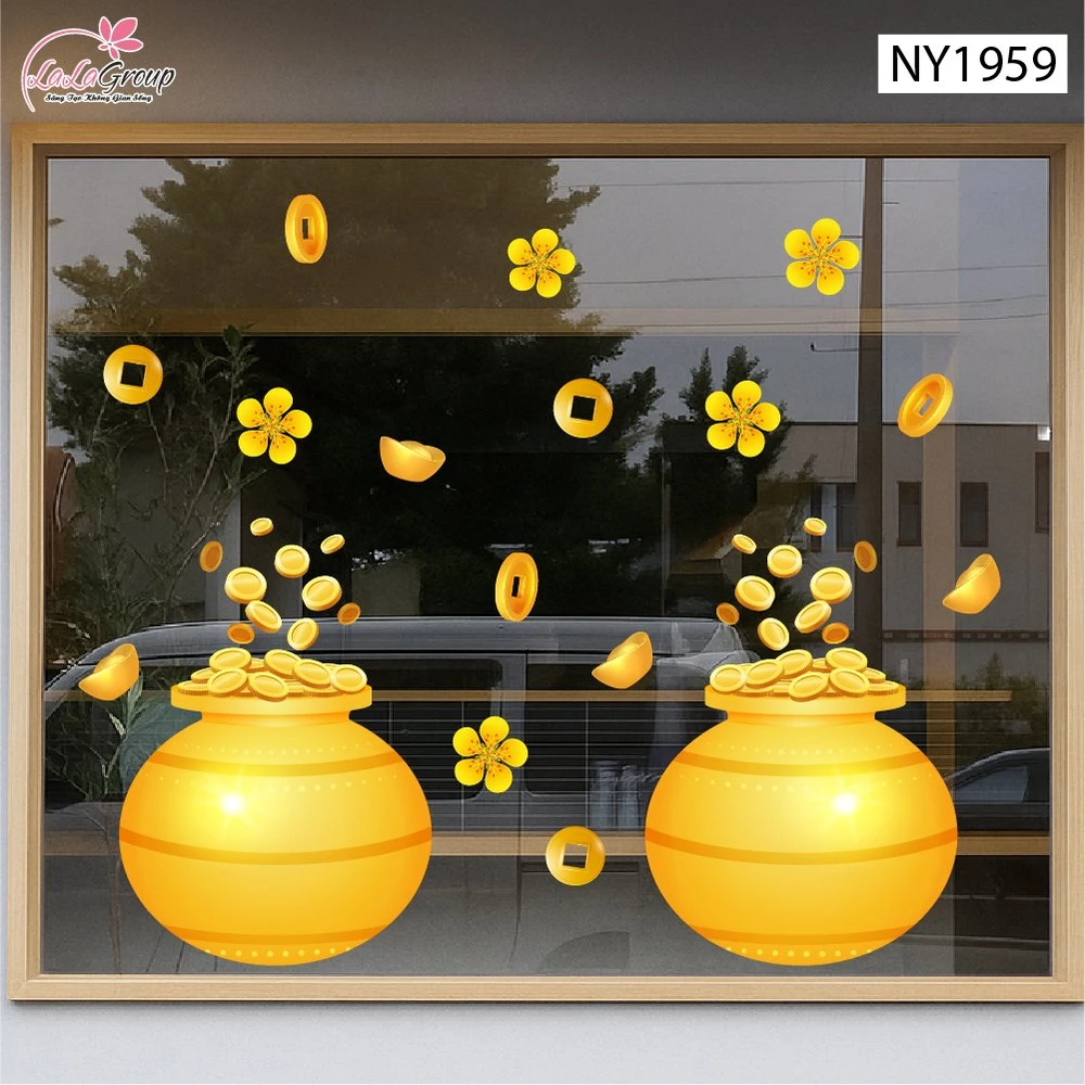 Decal Trang Trí Tết Hũ Tiền Vàng Tài Lộc