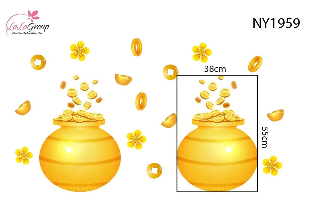 Decal Trang Trí Tết Hũ Tiền Vàng Tài Lộc