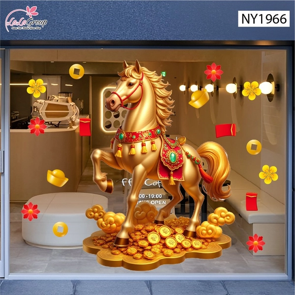 Decal Trang Trí Tết Tuấn Mã Và Đào Đỏ Phú Quý