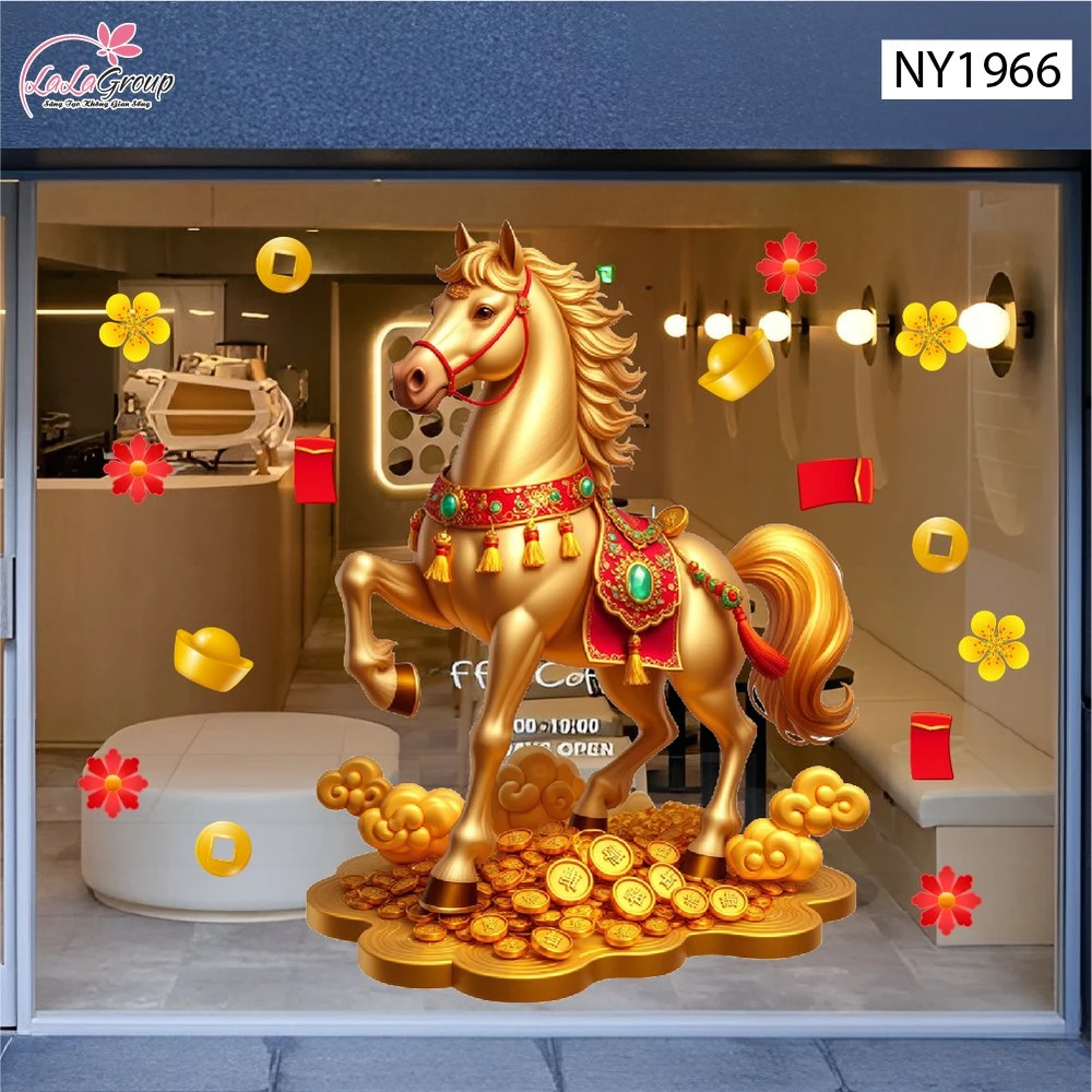 Decal Trang Trí Tết Tuấn Mã Và Đào Đỏ Phú Quý