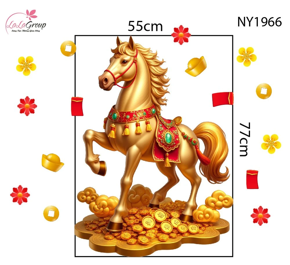 Decal Trang Trí Tết Tuấn Mã Và Đào Đỏ Phú Quý