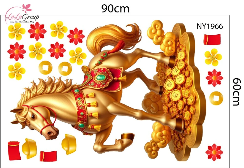 Decal Trang Trí Tết Tuấn Mã Và Đào Đỏ Phú Quý