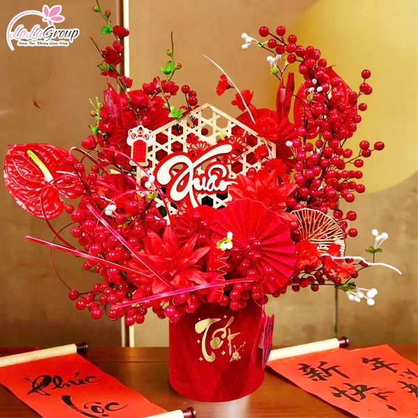 Bình hoa đào đông trang trí tết xuân yên vui may mắn