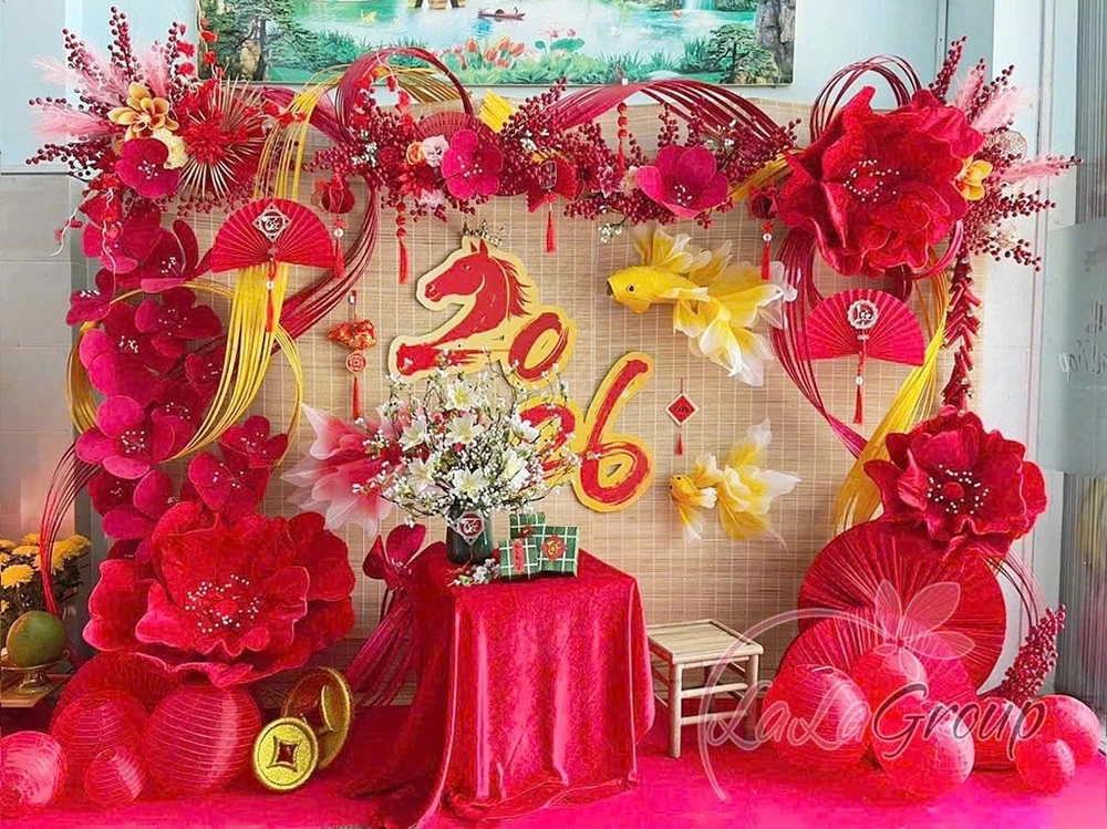 Tiểu cảnh mành tre trang trí tết Vườn Xuân Khoe Sắc Mừng Xuân 2026