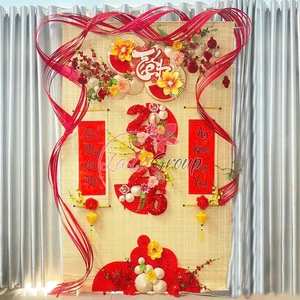 Tiểu cảnh mành tre trang trí tết Chúc mừng năm mới an khang thịnh vượng 2026