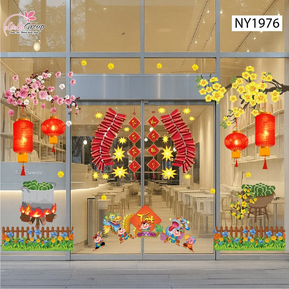 Combo Decal Trang Trí Tết Bé Múa Lân Mừng Năm Mới Vạn Sự Như Ý