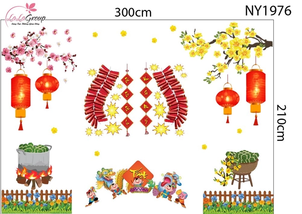 Combo Decal Trang Trí Tết Bé Múa Lân Mừng Năm Mới Vạn Sự Như Ý