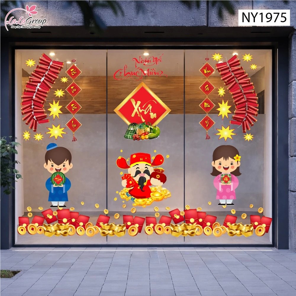 Combo Decal Trang Trí Tết Thần Tài Và Bé Đón Xuân